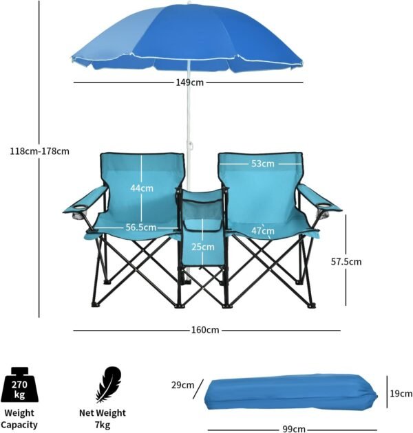 Goplus - Doppelte tragbare Picknickst??hle, klappbare Campingst??hle mit abnehmbarem Regenschirm, K??hltasche, Getr?nkehalter, Terrasse, Strand, Outdoor-Campingst??hle - Image 5