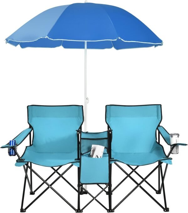 Goplus - Doppelte tragbare Picknickst??hle, klappbare Campingst??hle mit abnehmbarem Regenschirm, K??hltasche, Getr?nkehalter, Terrasse, Strand, Outdoor-Campingst??hle