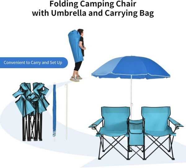 Goplus - Doppelte tragbare Picknickst??hle, klappbare Campingst??hle mit abnehmbarem Regenschirm, K??hltasche, Getr?nkehalter, Terrasse, Strand, Outdoor-Campingst??hle - Image 2