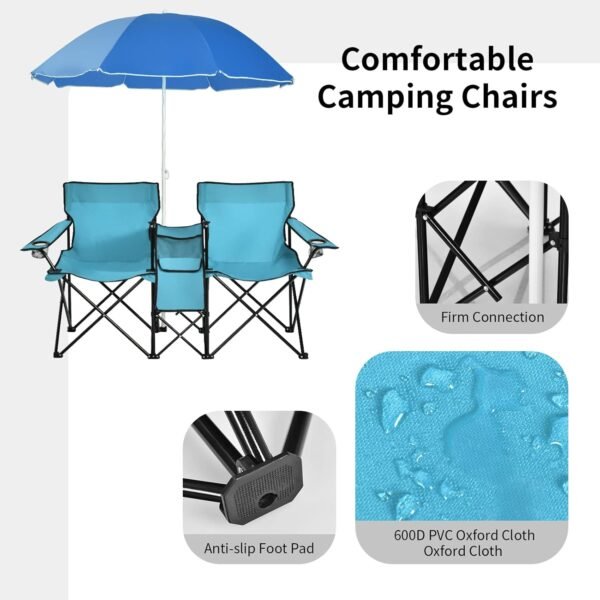Goplus - Doppelte tragbare Picknickst??hle, klappbare Campingst??hle mit abnehmbarem Regenschirm, K??hltasche, Getr?nkehalter, Terrasse, Strand, Outdoor-Campingst??hle - Image 3
